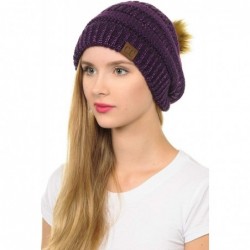 Skullies & Beanies Hat-43 Thick Warm Cap Hat Skully Faux Fur Pom Pom Cable Knit Beanie - Metallic Purple - C818X8X8Y4K $30.77