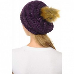 Skullies & Beanies Hat-43 Thick Warm Cap Hat Skully Faux Fur Pom Pom Cable Knit Beanie - Metallic Purple - C818X8X8Y4K $30.77