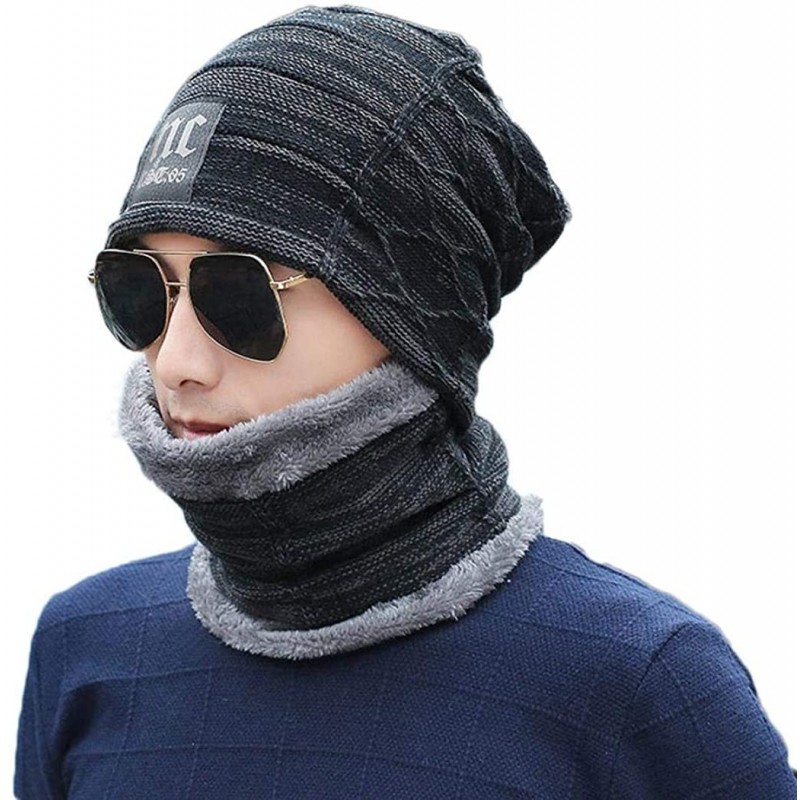Skullies & Beanies Men Thicken Warm Hat with Scarf-Casual Knitted Skullies Beanies - Black - CZ18AMS02L0 $47.51