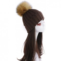 Skullies & Beanies Women Cable Knit Beanie Raccoon Fur Fuzzy Pompom Chunky Winter Stretch Skull Cap Cuff Hat - 17brown - CX18...