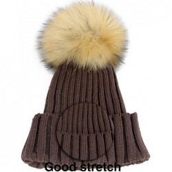 Skullies & Beanies Women Cable Knit Beanie Raccoon Fur Fuzzy Pompom Chunky Winter Stretch Skull Cap Cuff Hat - 17brown - CX18...