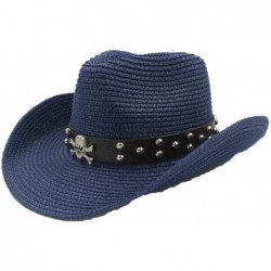 Cowboy Hats Unisex Wide Brim Straw Cowboy Hat Summer Outback Beach Sun Cap with Leather Belt - Dark Blue - CP18S4C6SHL $58.35