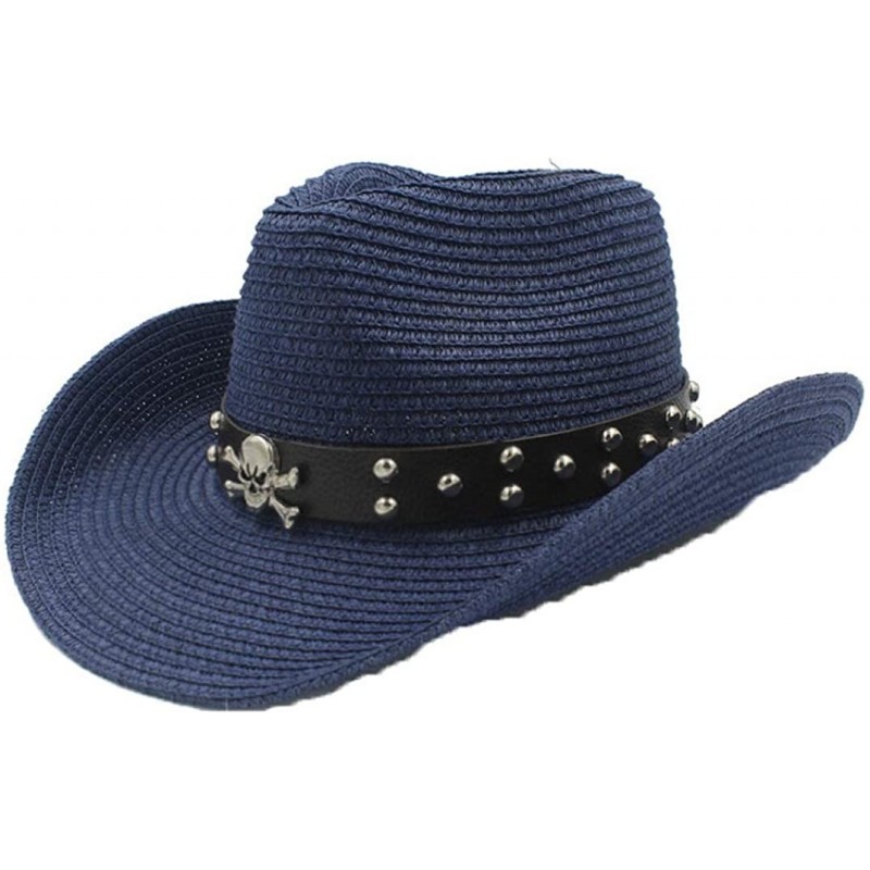 Cowboy Hats Unisex Wide Brim Straw Cowboy Hat Summer Outback Beach Sun Cap with Leather Belt - Dark Blue - CP18S4C6SHL $68.33
