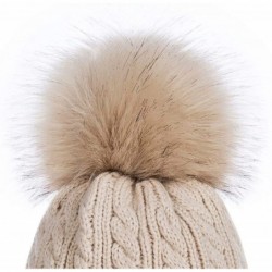 Skullies & Beanies Womens Winter Beanie Hat- Warm Fleece Lined Knitted Soft Ski Cuff Cap with Pom Pom - Black+oatmeal - CQ18A...