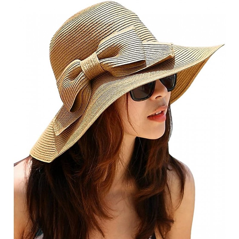 Sun Hats Foldable Bowknot Straw Hat Cap Wide Brim Beach Sun Visor for Women Girls - Khaki - CT17Y0I9EEW $18.40