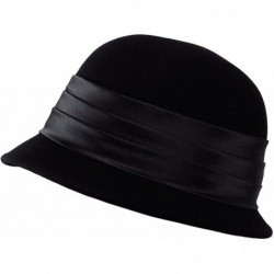 Bucket Hats Women's Satin Band Flower Accent Wool Felt Bucket Cloche Hat - Black - CD11Q2S207R $48.87