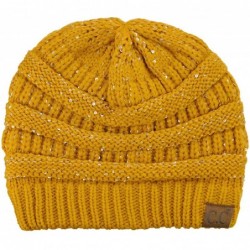 Skullies & Beanies Women's Sparkly Sequins Warm Soft Stretch Cable Knit Beanie Hat - Mustard - CE18IQE7HWU $32.45