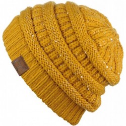 Skullies & Beanies Women's Sparkly Sequins Warm Soft Stretch Cable Knit Beanie Hat - Mustard - CE18IQE7HWU $32.45