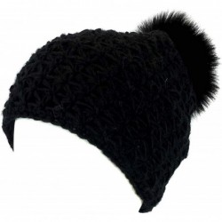 Skullies & Beanies Handmade Starfish Knit Hat with Faux Fur Pom - Winter Ski Cap - Black - C518LQH4ZXU $76.41