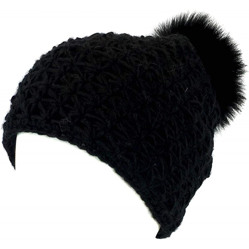 Skullies & Beanies Handmade Starfish Knit Hat with Faux Fur Pom - Winter Ski Cap - Black - C518LQH4ZXU $79.97