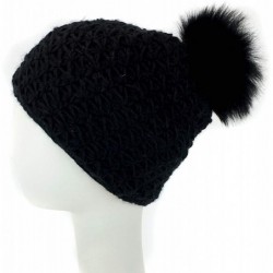 Skullies & Beanies Handmade Starfish Knit Hat with Faux Fur Pom - Winter Ski Cap - Black - C518LQH4ZXU $79.97