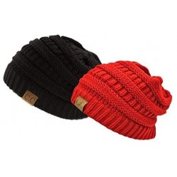 Skullies & Beanies Trendy Warm Chunky Soft Stretch Cable Knit Slouchy Beanie Skully- 2 Pack - Black/Red- One Size - C911PW1Y6...