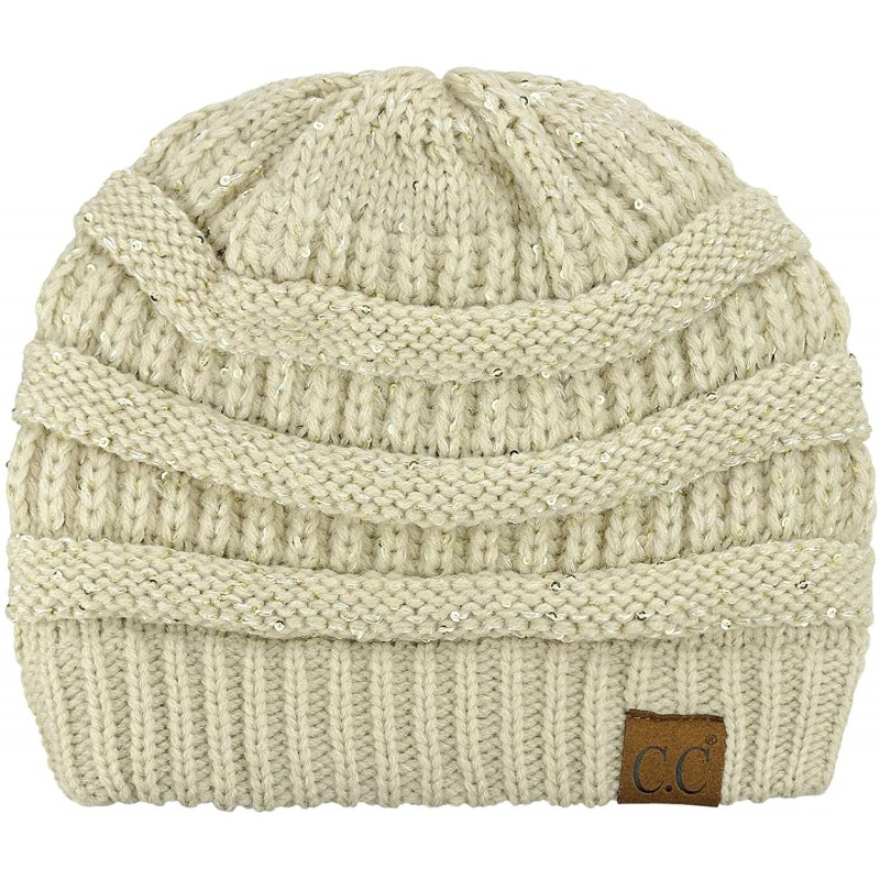 Skullies & Beanies Women's Sparkly Sequins Warm Soft Stretch Cable Knit Beanie Hat - Beige - C918IQE0E38 $34.36