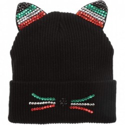 Skullies & Beanies Women's Soft Warm Embroidered Meow Cat Ears Knit Beanie Hat with Stone Embellished - Multi Color Stone Bla...