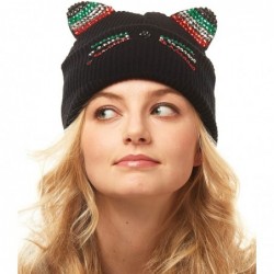 Skullies & Beanies Women's Soft Warm Embroidered Meow Cat Ears Knit Beanie Hat with Stone Embellished - Multi Color Stone Bla...