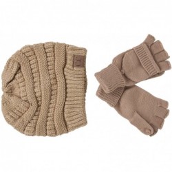 Skullies & Beanies Soft Knit Beanie and Fingerless Mitten Gloves Set - Khaki - C218Q3654DX $15.52