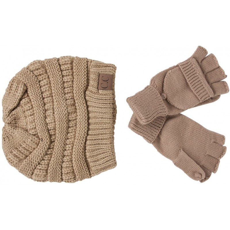 Skullies & Beanies Soft Knit Beanie and Fingerless Mitten Gloves Set - Khaki - C218Q3654DX $24.83