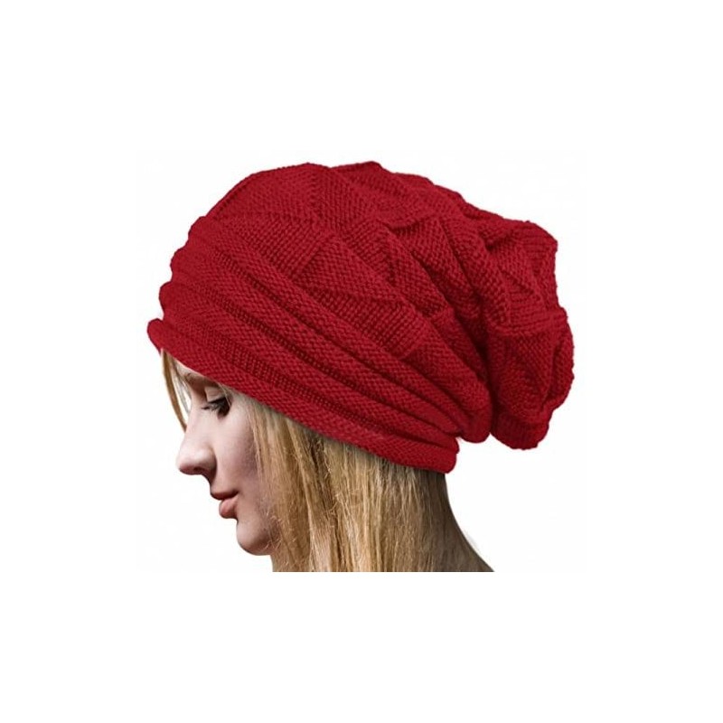 Skullies & Beanies Casual Knit Hat Elegant Warm Hat Pleated Cloth Hat Cuffed Wool Hat Solid Color Hat Simple Cap - Red - CB18...
