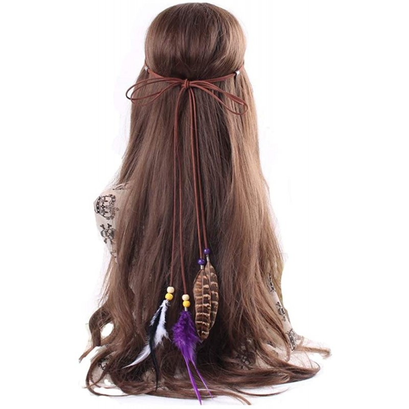 Headbands Headband Feather Women Girls Stretchy Braided Leaf Bead Hair Tassels Clothes - Brown Purple - CC18AWW9L8Q $22.17