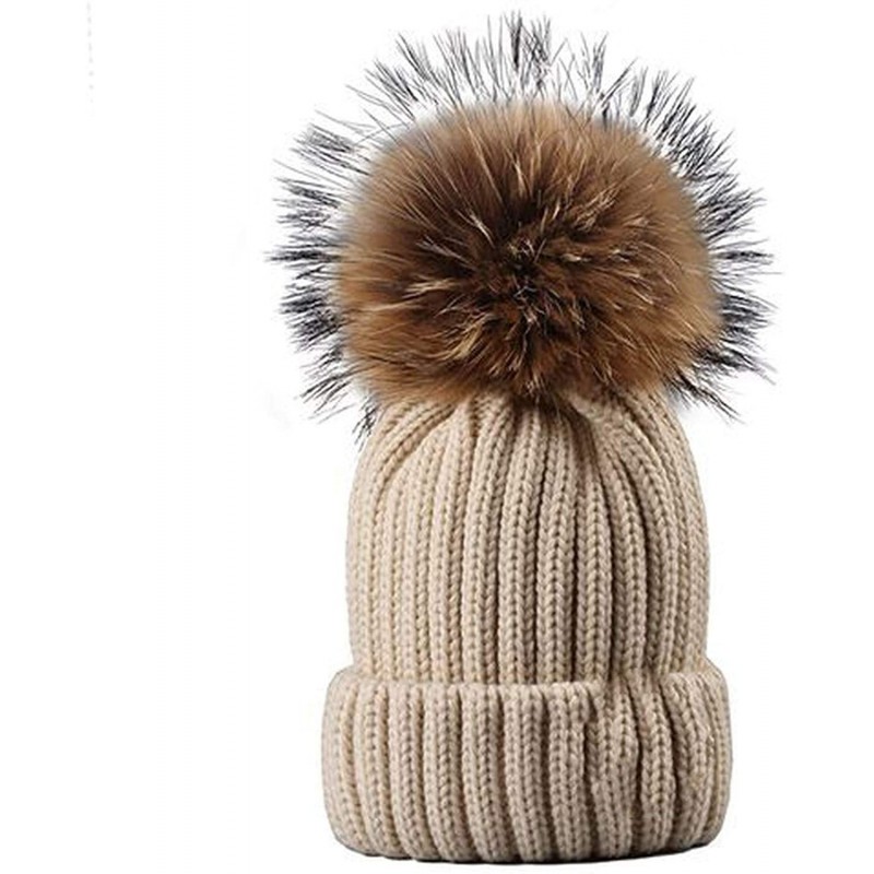 Skullies & Beanies Knitted Real Fur Hat 100% Real Raccoon Fur Pom Pom Hat Winter Women Hat Beanie for Women - Light Khaki - C...