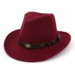 Fedoras Men&Women's Wide Brim Fedora Hat Classic Cowboy Hats with Belt Buckle - Wine Red - CF18LYD495I $26.88
