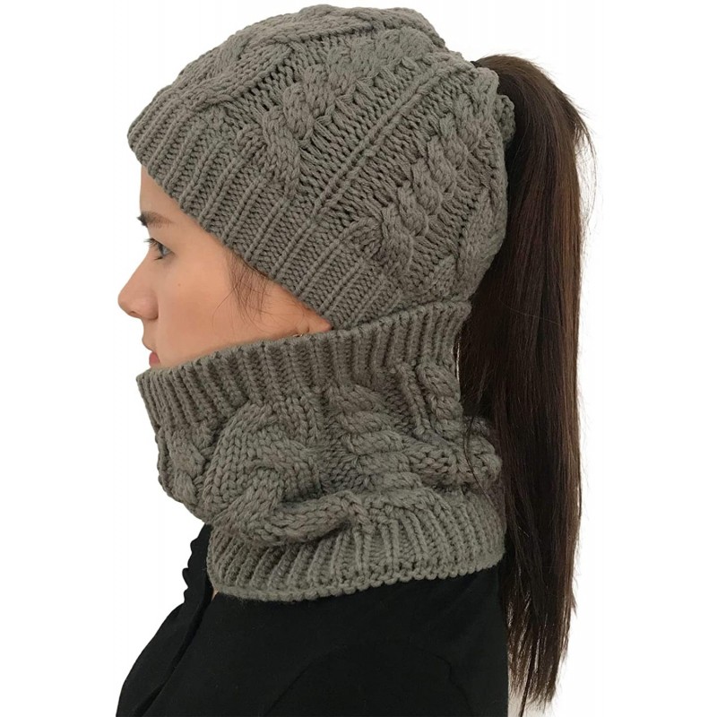 Skullies & Beanies Womens Beanie Knitted Ponytail Hole Solid Ribbed Hat Cap with Scarf for Cold Winter - Grey - CR18KA5TC8S $...