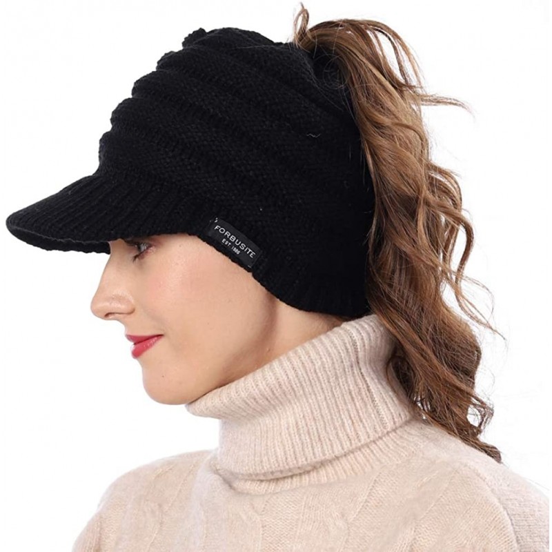 Skullies & Beanies Women's BeanieTail Warm Knit Hat Messy High Bun Ponytail Visor Beanie Cap B085 - A-black - CZ18AK6NUTO $22.56