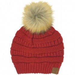 Skullies & Beanies Fur Pom Winter Fall Trendy Chunky Stretchy Cable Knit Beanie Hat - Metallic Burgundy - CQ18YAH89SX $29.23