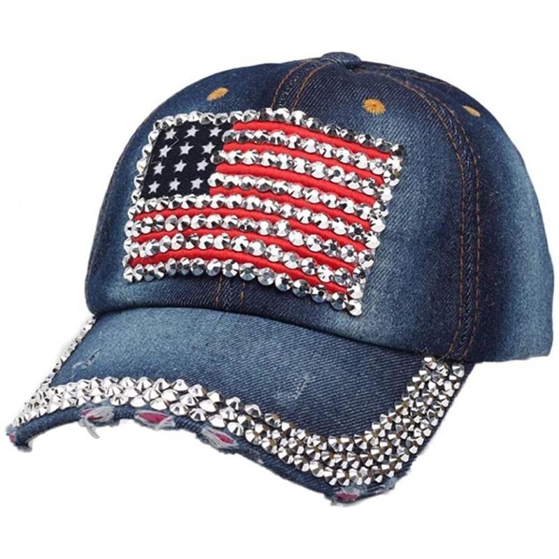 Baseball Caps Caps- Women Diamond Jean Hat Denim Flat Baseball Cap - E - CQ12GGVIYAF $21.14