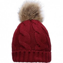 Skullies & Beanies Women's Winter Ribbed Knit Faux Fur Pompoms Chunky Lined Beanie Hats - A Twist Burgundy - CC184RQ0U0Z $19.55