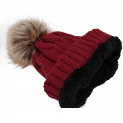 Skullies & Beanies Women's Winter Ribbed Knit Faux Fur Pompoms Chunky Lined Beanie Hats - A Twist Burgundy - CC184RQ0U0Z $22.41