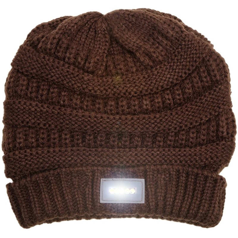 Skullies & Beanies Solid Ribbed Day/Night Reversible LED Flash Light Beanie Hat - Brown - CH12LLRDYBJ $25.70