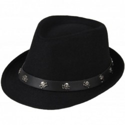 Sun Hats Mens Roll Brim Wool Felt Jazz Hat Cap with Skull Belt - Black - C512NG0RMZZ $25.27
