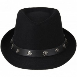 Sun Hats Mens Roll Brim Wool Felt Jazz Hat Cap with Skull Belt - Black - C512NG0RMZZ $30.05