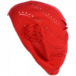 Berets Chic Parisian Style Soft Lightweight Crochet Cutout Knit Beret Beanie Hat - Swirl Red - CV12MXBFR4P $20.37