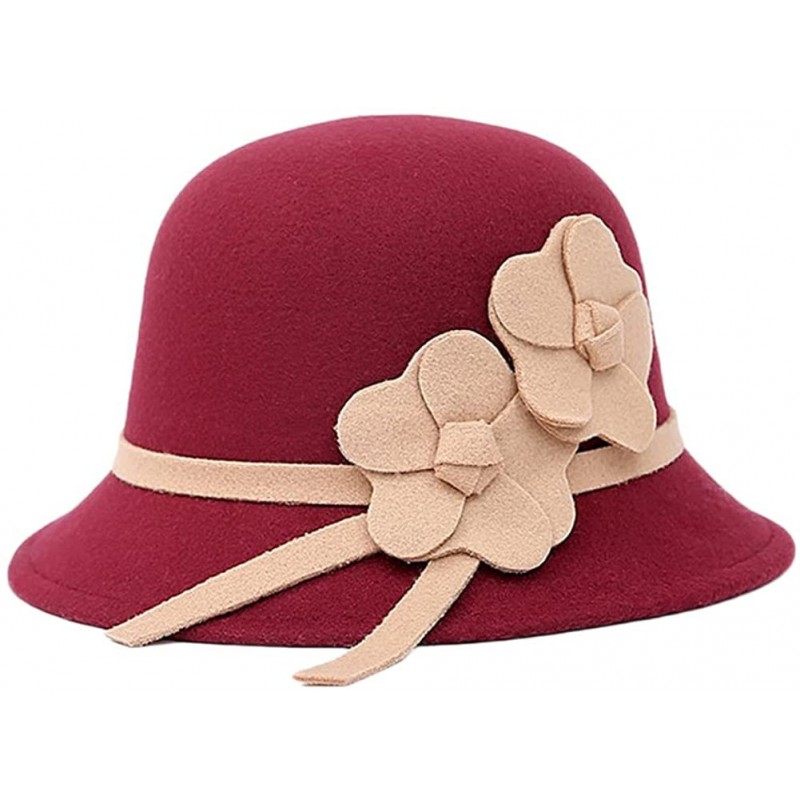 Bucket Hats Flower Faux Wool Felt Cloche Bucket Bowler Hat for Women Church Hats Autumn Spring Winter - Wine Red - CX17YE36SD...