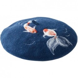 Berets Handmade Luky Fish Beret Vintage Artist Painter Hat Women Wool Cap Koi Best Gift (Dark Blue) - CX18KE7O9TD $58.66