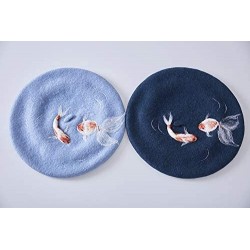 Berets Handmade Luky Fish Beret Vintage Artist Painter Hat Women Wool Cap Koi Best Gift (Dark Blue) - CX18KE7O9TD $68.56