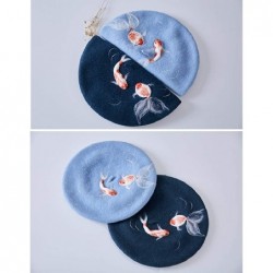 Berets Handmade Luky Fish Beret Vintage Artist Painter Hat Women Wool Cap Koi Best Gift (Dark Blue) - CX18KE7O9TD $68.56