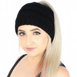 Skullies & Beanies Winter Cable Knit Ponytail Beanie Hat- Stretchy Messy Bun Knitted Skull Cap - Black - C8186GOEHYZ $28.90