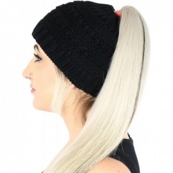 Skullies & Beanies Winter Cable Knit Ponytail Beanie Hat- Stretchy Messy Bun Knitted Skull Cap - Black - C8186GOEHYZ $28.20