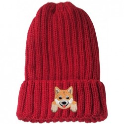 Skullies & Beanies [ Shiba Inu ] Cute Embroidered Puppy Dog Warm Knit Fleece Winter Beanie Skull Cap - Red - CI189RWWMN5 $25.39