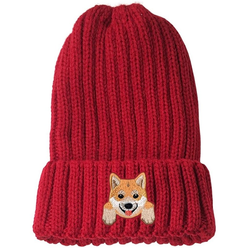 Skullies & Beanies [ Shiba Inu ] Cute Embroidered Puppy Dog Warm Knit Fleece Winter Beanie Skull Cap - Red - CI189RWWMN5 $17.74